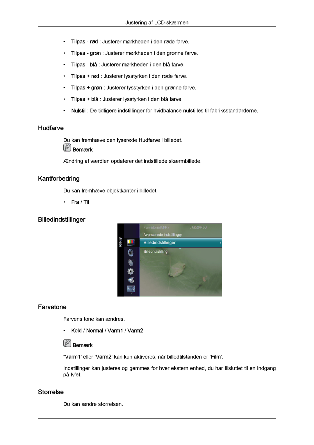 Samsung LS20TDVSU/XE, LS20TDVSUV/EN, LS24TDVSUV/EN manual Hudfarve, Kantforbedring, Billedindstillinger Farvetone, Størrelse 