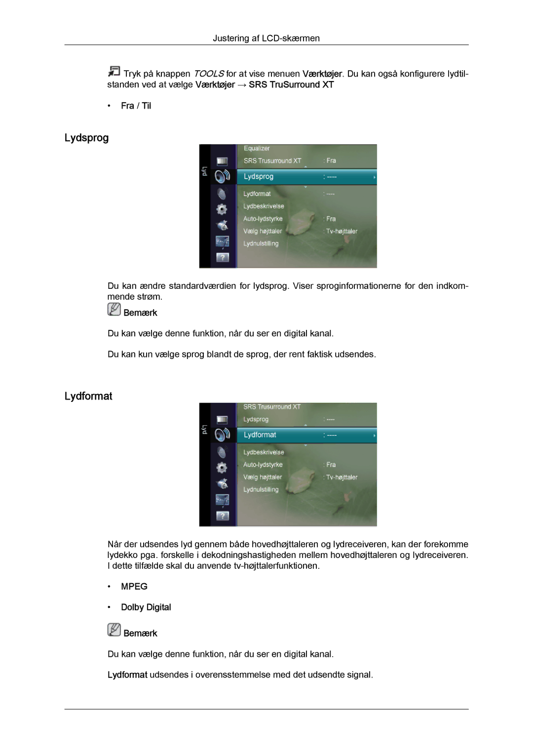 Samsung LS22TDVSUV/EN, LS20TDVSUV/EN, LS24TDVSUV/EN, LS24TDDSUV/EN, LS20TDDSUV/EN Lydsprog, Lydformat, Dolby Digital Bemærk 