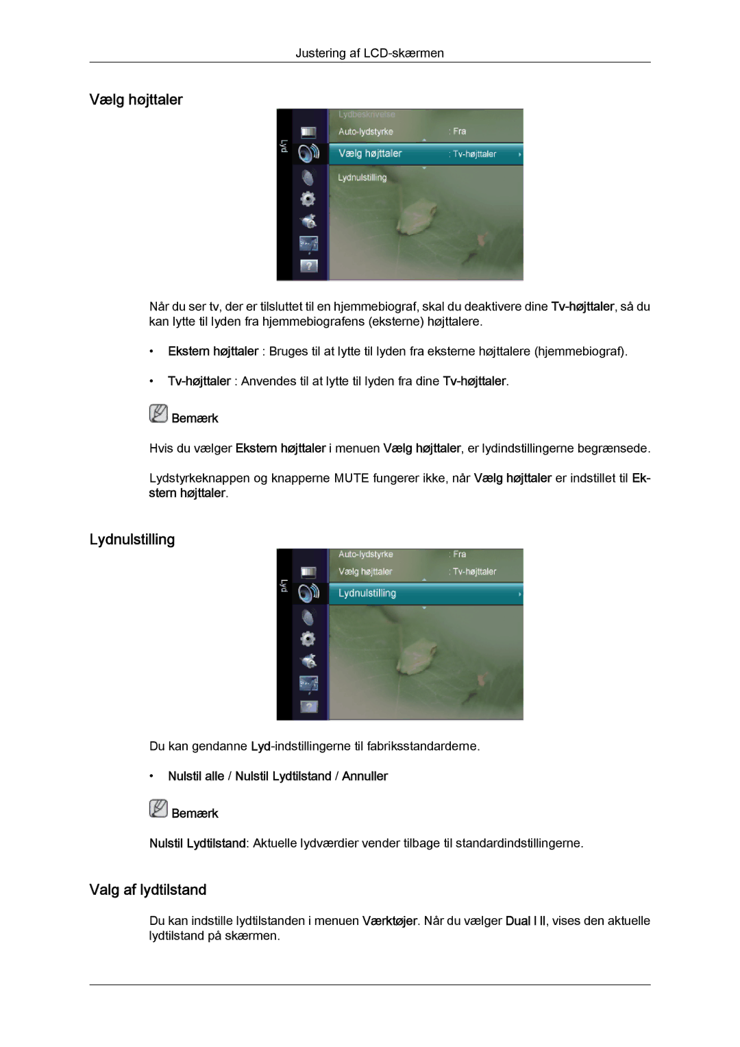 Samsung LS22TDDSUV/EN, LS20TDVSUV/EN, LS24TDVSUV/EN, LS24TDDSUV/EN manual Vælg højttaler, Lydnulstilling, Valg af lydtilstand 