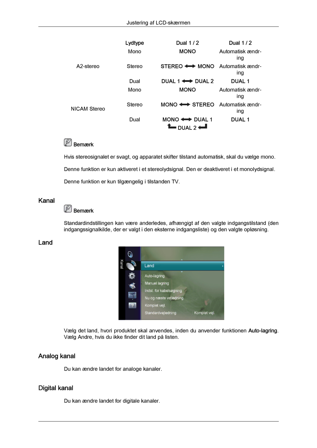 Samsung LS26TDDSUV/EN, LS20TDVSUV/EN, LS24TDVSUV/EN, LS24TDDSUV/EN, LS22TDVSUV/EN Kanal, Land, Analog kanal, Digital kanal 