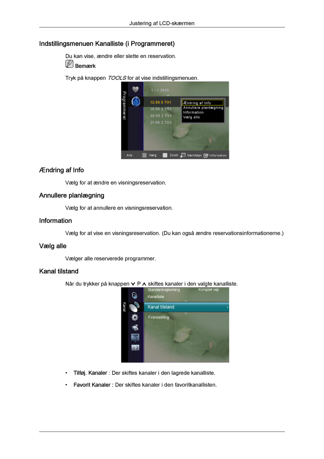 Samsung LS22TDVSUV/EN Indstillingsmenuen Kanalliste i Programmeret, Ændring af Info, Annullere planlægning, Information 