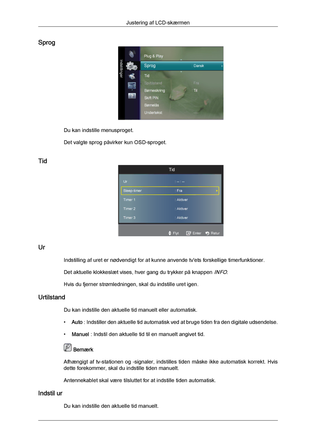 Samsung LS22TDDSUV/EN, LS20TDVSUV/EN, LS24TDVSUV/EN, LS24TDDSUV/EN, LS22TDVSUV/EN manual Sprog, Tid, Urtilstand, Indstil ur 