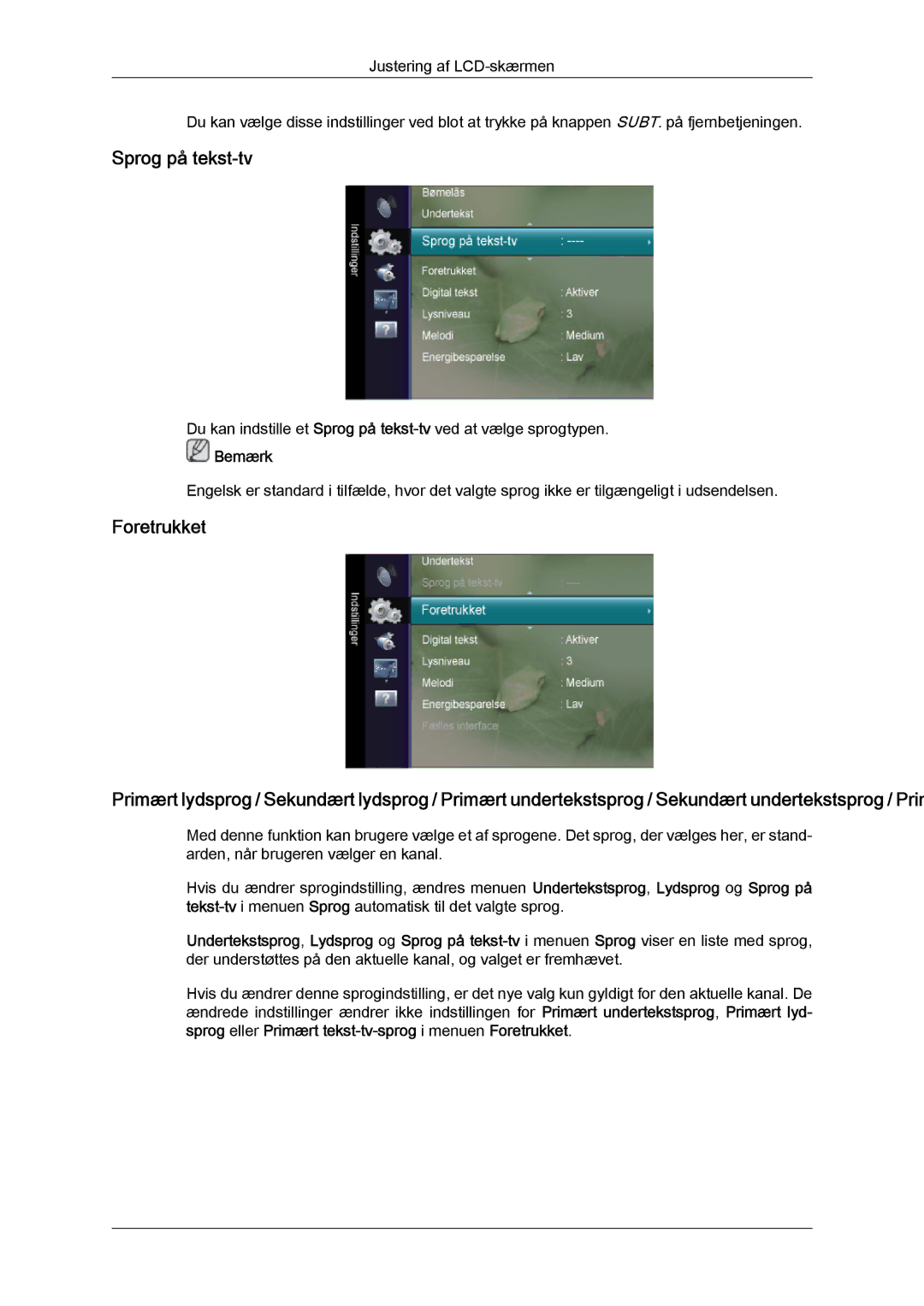 Samsung LS20TDVSU/XE, LS20TDVSUV/EN, LS24TDVSUV/EN, LS24TDDSUV/EN, LS22TDVSUV/EN, LS20TDDSUV/EN Sprog på tekst-tv, Foretrukket 