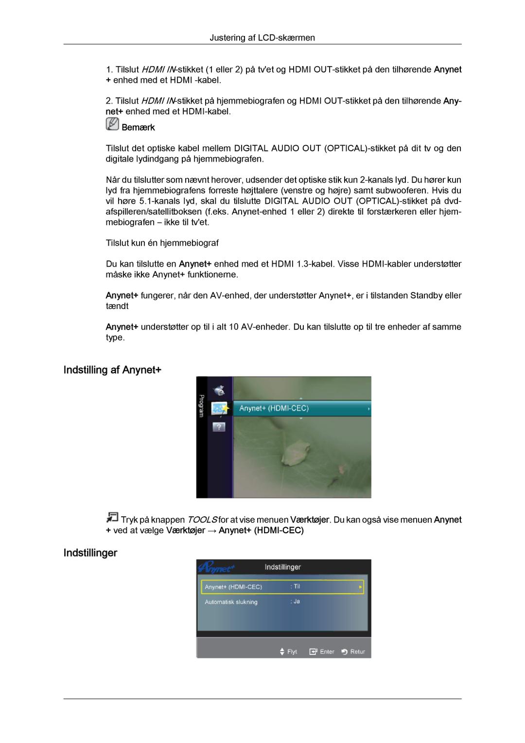 Samsung LS22TDVSUV/EN, LS20TDVSUV/EN, LS24TDVSUV/EN, LS24TDDSUV/EN, LS20TDDSUV/EN manual Indstilling af Anynet+, Indstillinger 