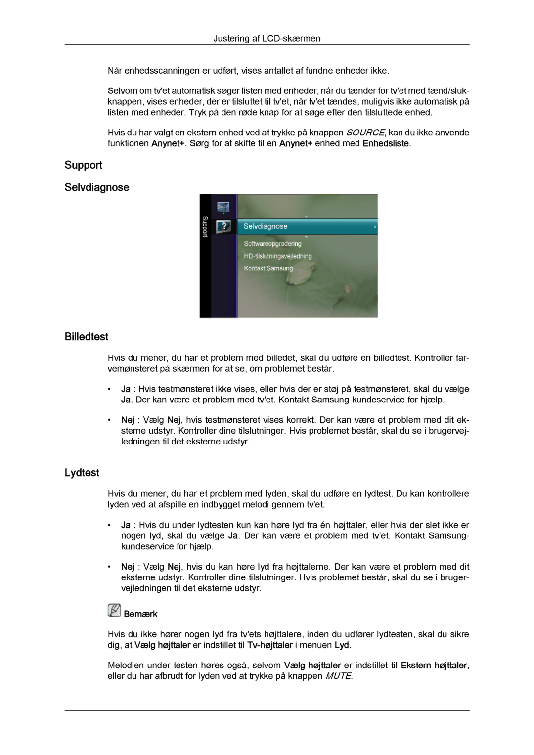 Samsung LS22TDDSUV/EN, LS20TDVSUV/EN, LS24TDVSUV/EN, LS24TDDSUV/EN, LS22TDVSUV/EN Support Selvdiagnose Billedtest, Lydtest 