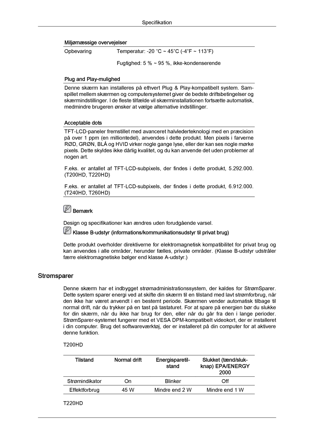 Samsung LS20TDDSUV/EN, LS20TDVSUV/EN manual Strømsparer, Plug and Play-mulighed, Acceptable dots, Knap EPA/ENERGY, 2000 