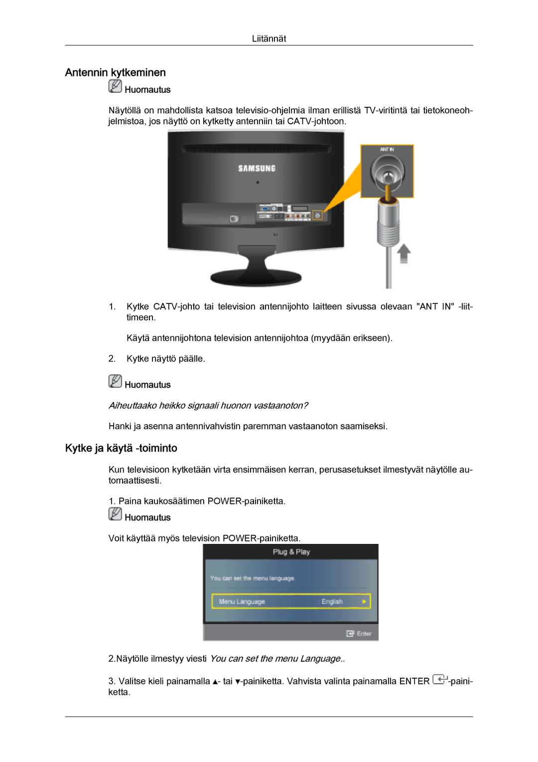 Samsung LS20TDVSU/XE, LS20TDVSUV/EN, LS24TDVSUV/EN, LS24TDDSUV/EN manual Antennin kytkeminen, Kytke ja käytä -toiminto 