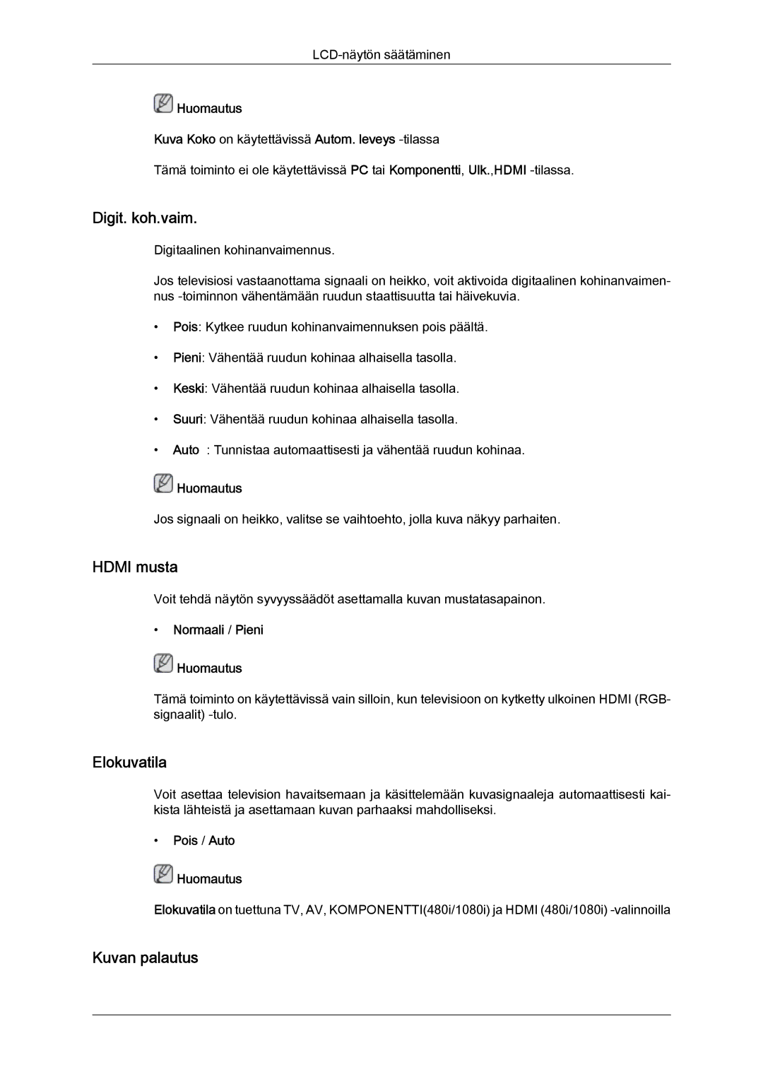 Samsung LS20TDVSUV/EN manual Digit. koh.vaim, Hdmi musta, Elokuvatila, Normaali / Pieni Huomautus, Pois / Auto Huomautus 