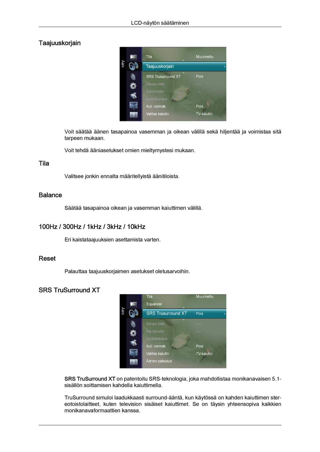 Samsung LS24TDDSUV/EN manual Taajuuskorjain, Balance, 100Hz / 300Hz / 1kHz / 3kHz / 10kHz, Reset, SRS TruSurround XT 