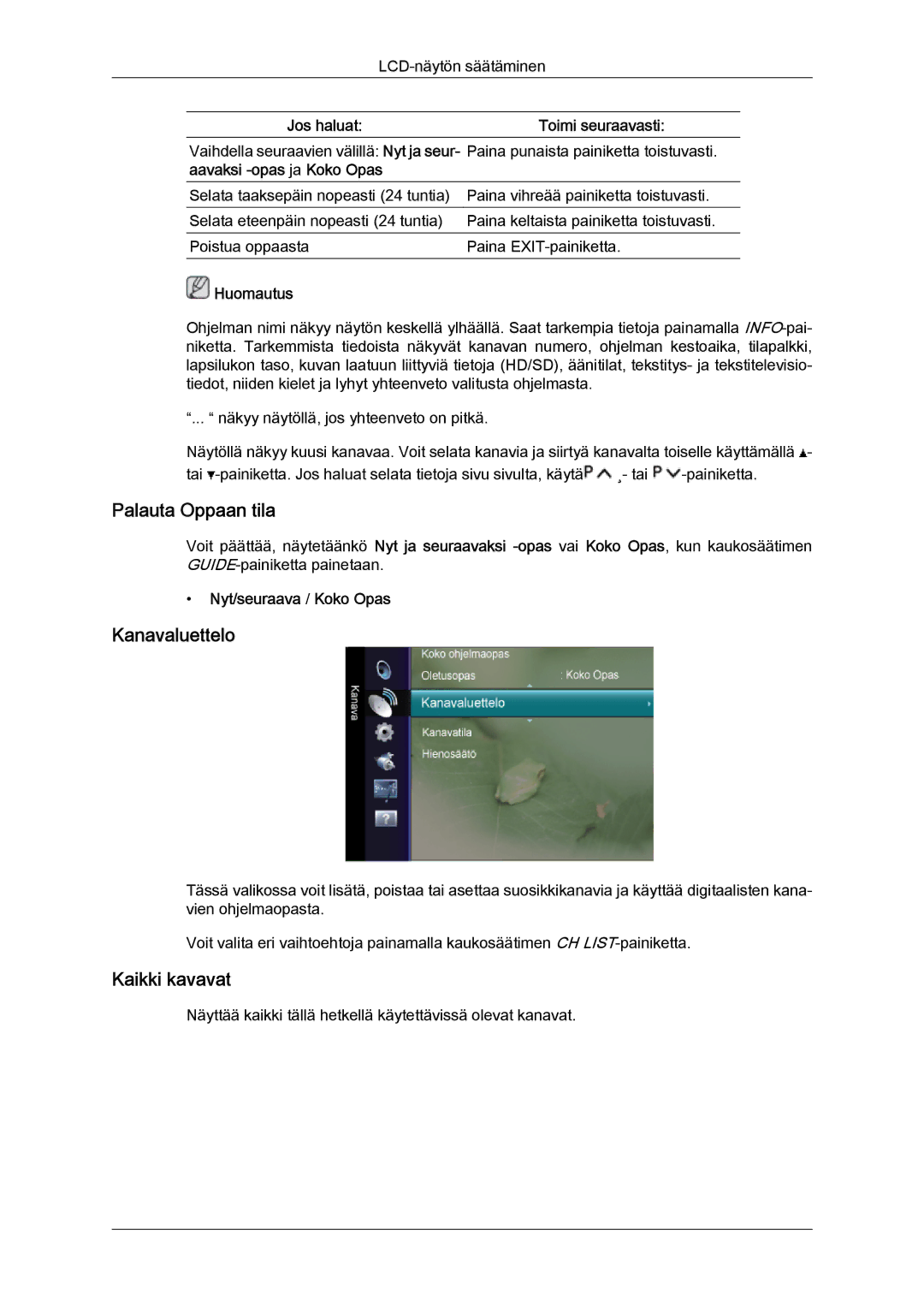 Samsung LS26TDVSUV/XE manual Palauta Oppaan tila, Kanavaluettelo, Kaikki kavavat, Jos haluat, Nyt/seuraava / Koko Opas 