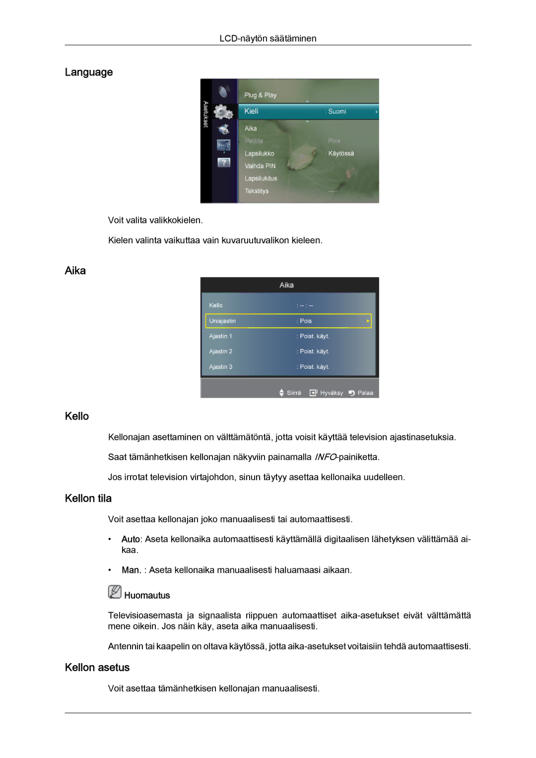 Samsung LS22TDDSUV/EN, LS20TDVSUV/EN, LS24TDVSUV/EN, LS24TDDSUV/EN manual Language, Aika Kello, Kellon tila, Kellon asetus 