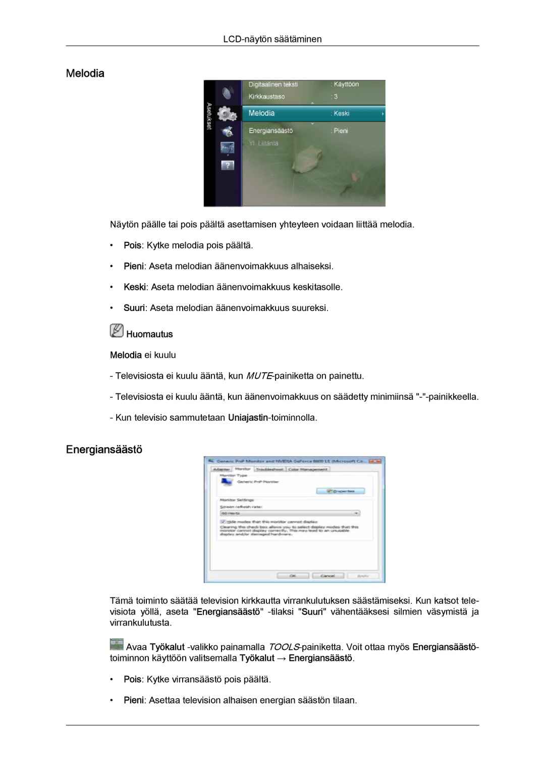 Samsung LS20TDVSUV/EN, LS24TDVSUV/EN, LS24TDDSUV/EN, LS22TDVSUV/EN manual Energiansäästö, Huomautus Melodia ei kuulu 