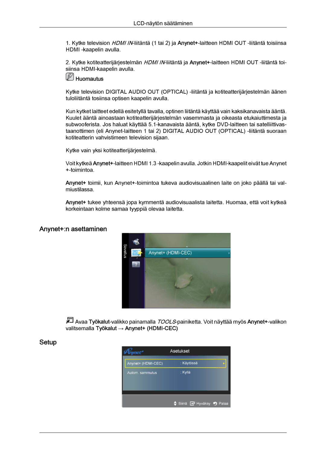 Samsung LS22TDVSUV/EN, LS20TDVSUV/EN, LS24TDVSUV/EN, LS24TDDSUV/EN, LS20TDDSUV/EN, LS22TDDSUV/EN Anynet+n asettaminen, Setup 