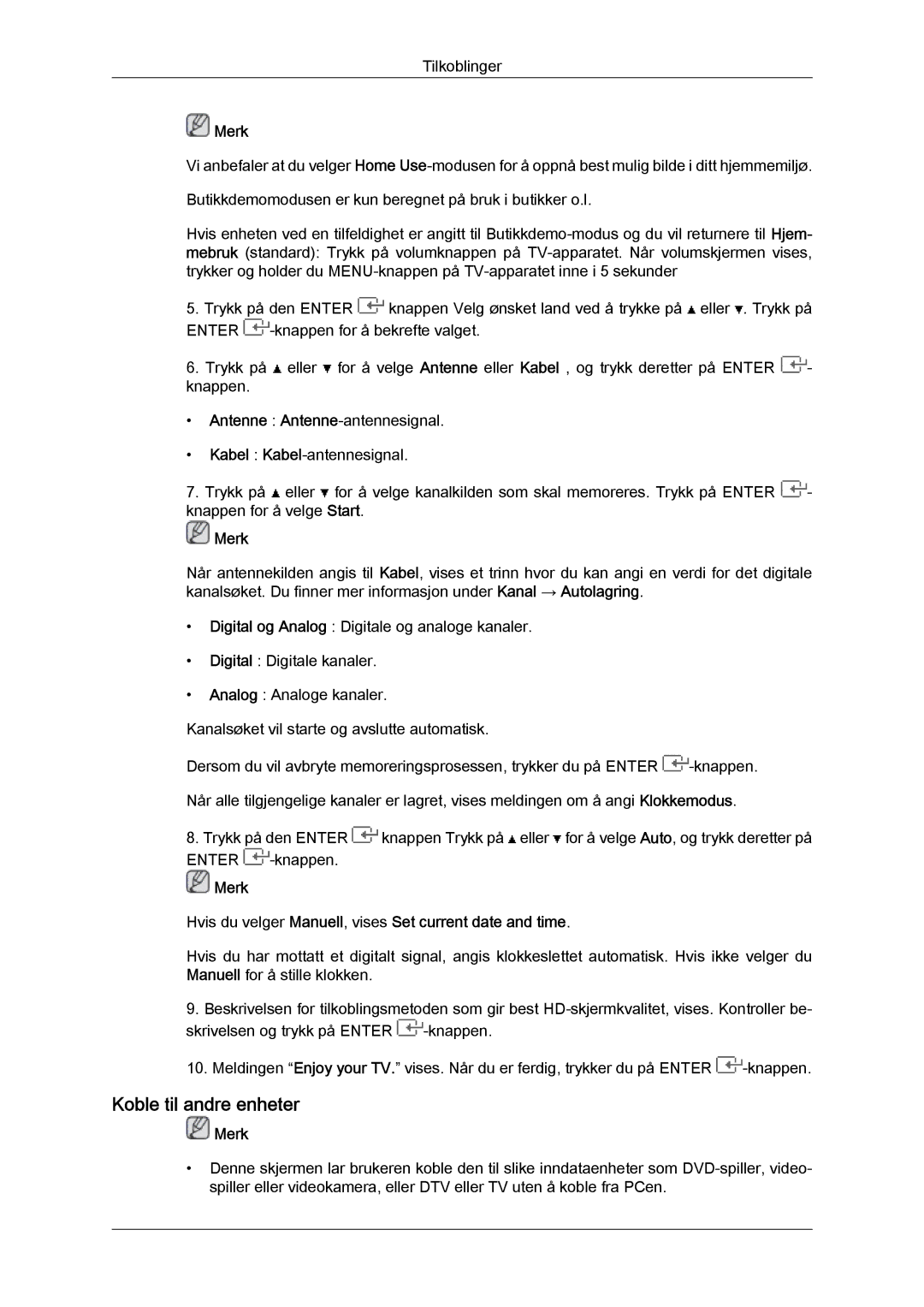 Samsung LS20TDVSU/XE, LS20TDVSUV/EN Koble til andre enheter, Merk Hvis du velger Manuell, vises Set current date and time 