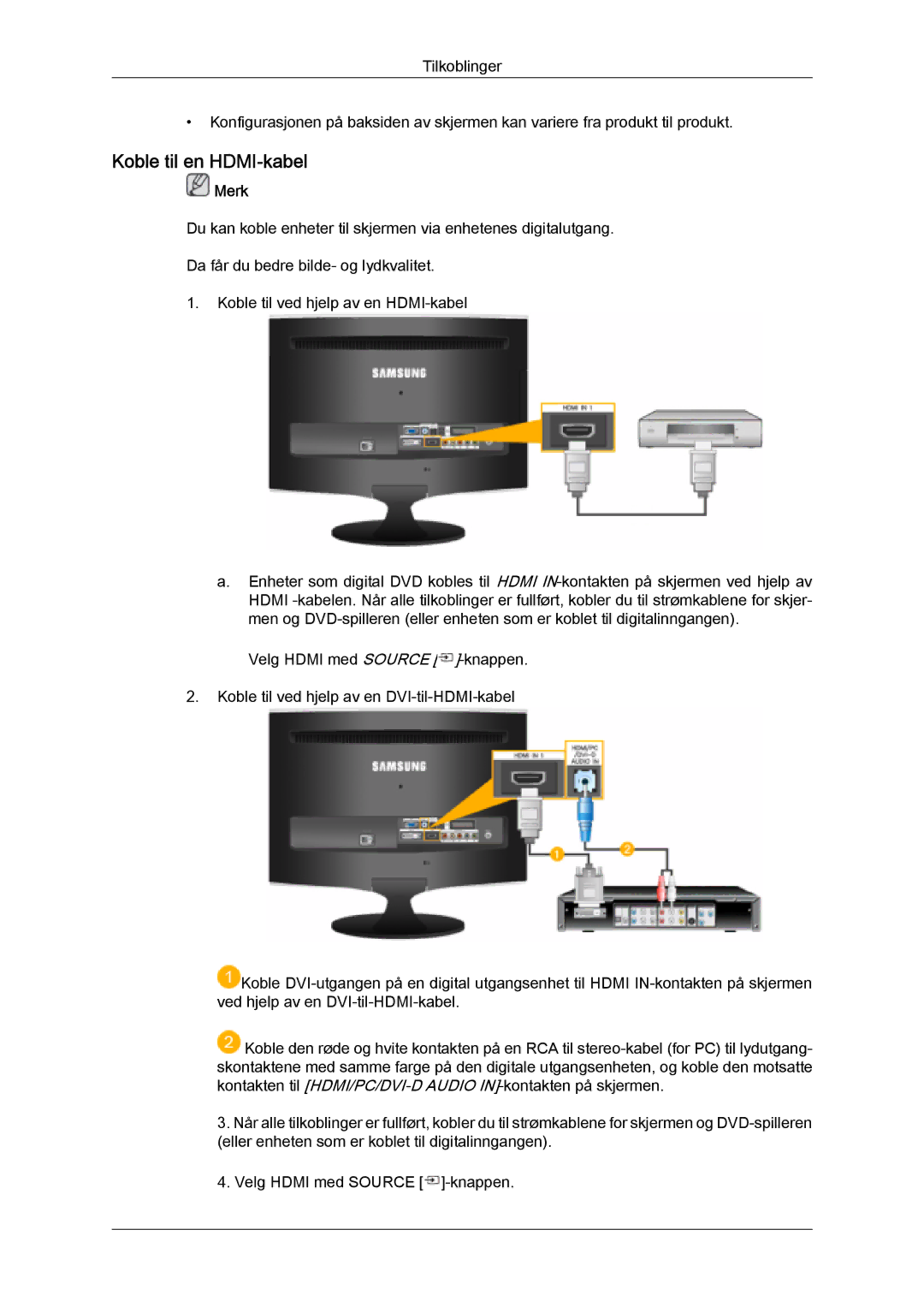 Samsung LS26TDVSUV/XE, LS20TDVSUV/EN, LS24TDVSUV/EN, LS24TDDSUV/EN, LS22TDVSUV/EN, LS20TDDSUV/EN manual Koble til en HDMI-kabel 