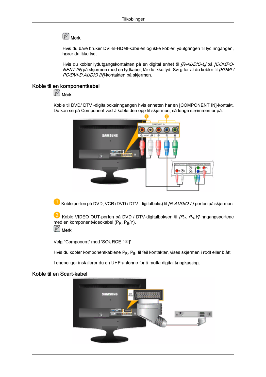 Samsung LS20TDVSUV/EN, LS24TDVSUV/EN, LS24TDDSUV/EN, LS22TDVSUV/EN Koble til en komponentkabel, Koble til en Scart-kabel 