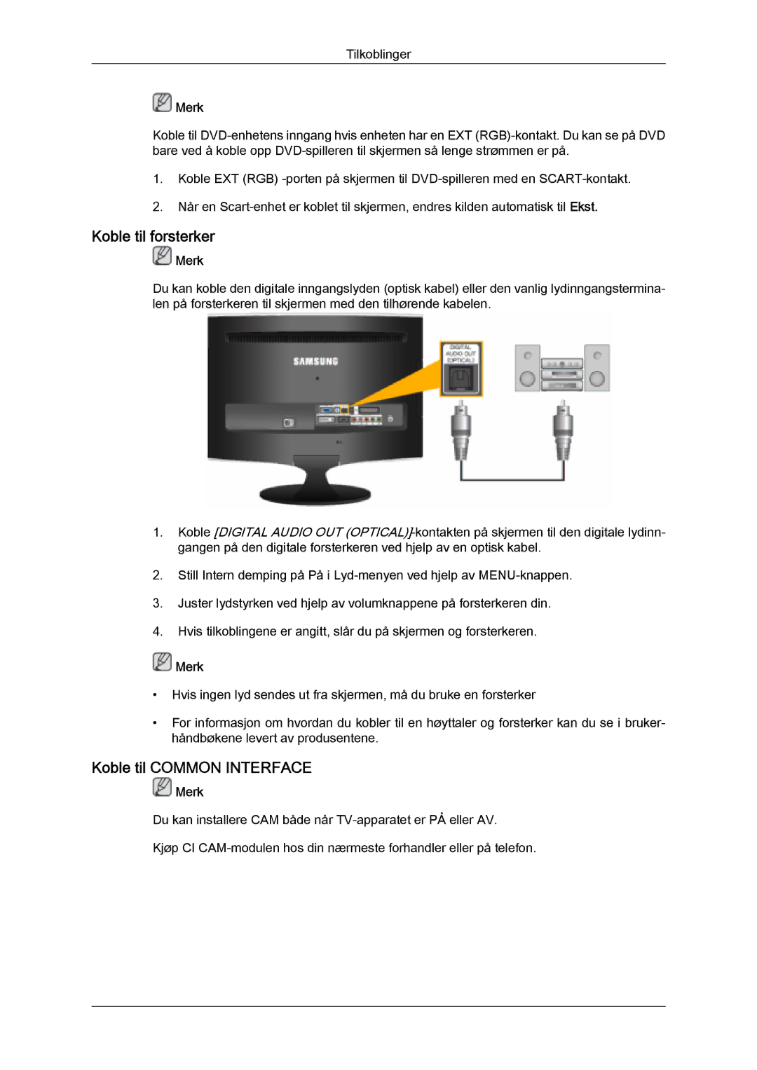 Samsung LS24TDVSUV/EN, LS20TDVSUV/EN, LS24TDDSUV/EN, LS22TDVSUV/EN manual Koble til forsterker, Koble til Common Interface 