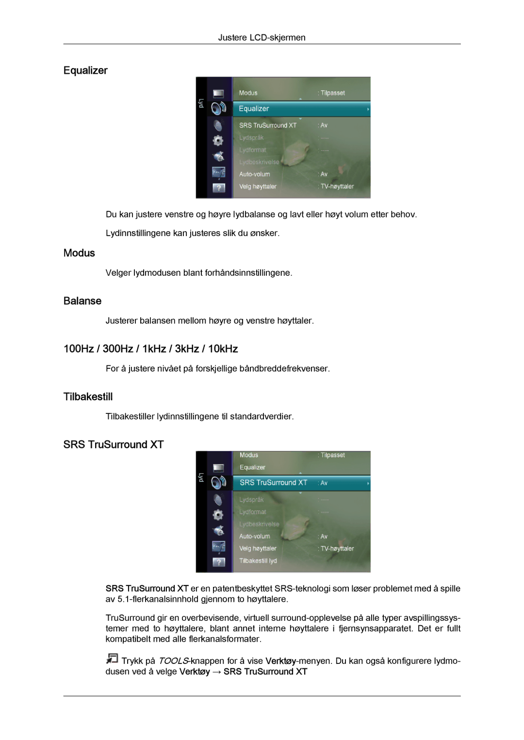 Samsung LS24TDVSUV/EN manual Equalizer, Balanse, 100Hz / 300Hz / 1kHz / 3kHz / 10kHz, Tilbakestill, SRS TruSurround XT 