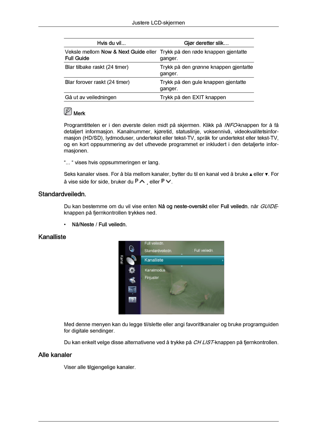 Samsung LS20TDVSU/XE, LS20TDVSUV/EN manual Standardveiledn, Kanalliste, Alle kanaler, Full Guide, Nå/Neste / Full veiledn 