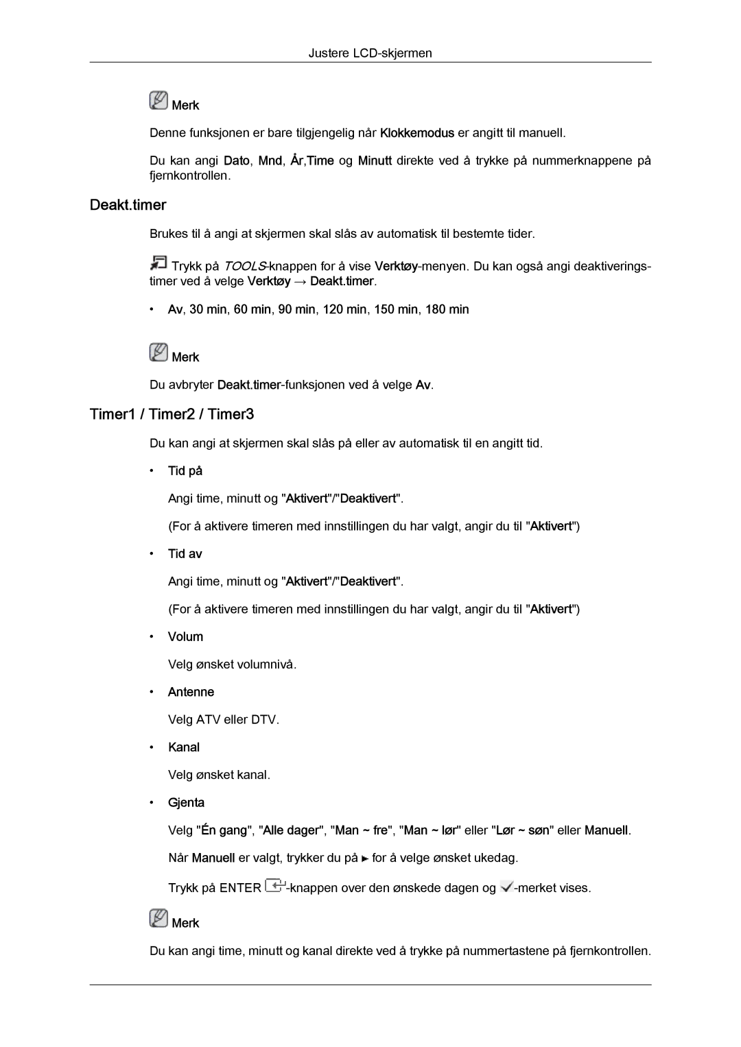 Samsung LS22TDDSUV/EN, LS20TDVSUV/EN, LS24TDVSUV/EN, LS24TDDSUV/EN, LS22TDVSUV/EN manual Deakt.timer, Timer1 / Timer2 / Timer3 