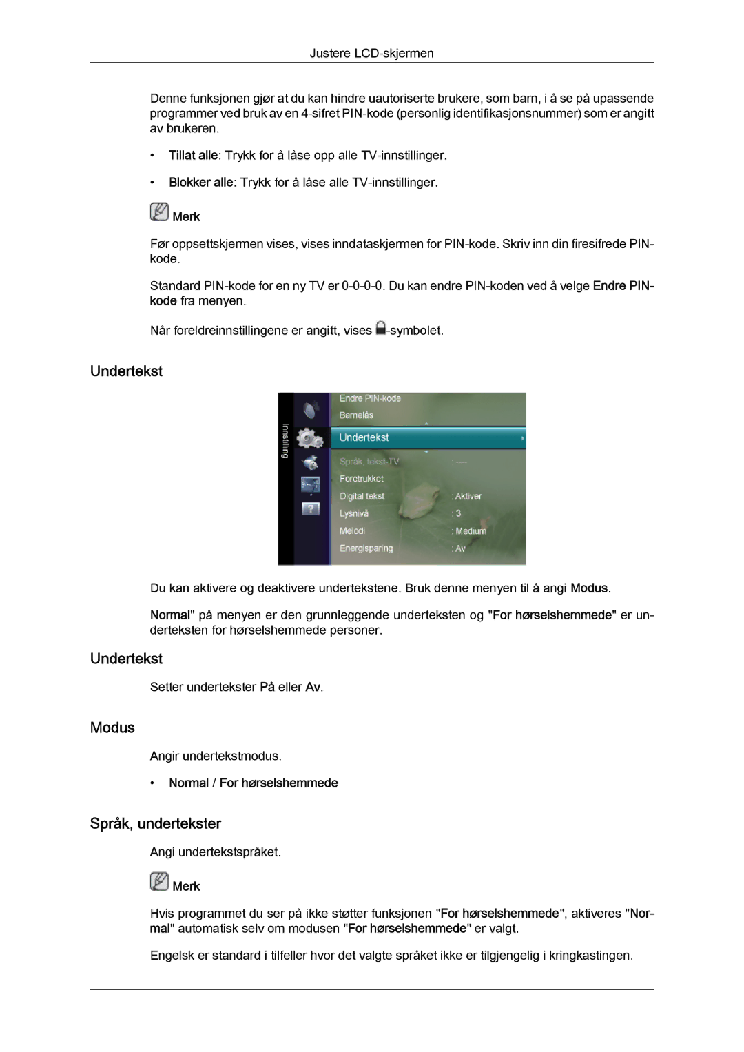Samsung LS24TDVSUV/XE, LS20TDVSUV/EN, LS24TDVSUV/EN manual Undertekst, Språk, undertekster, Normal / For hørselshemmede 