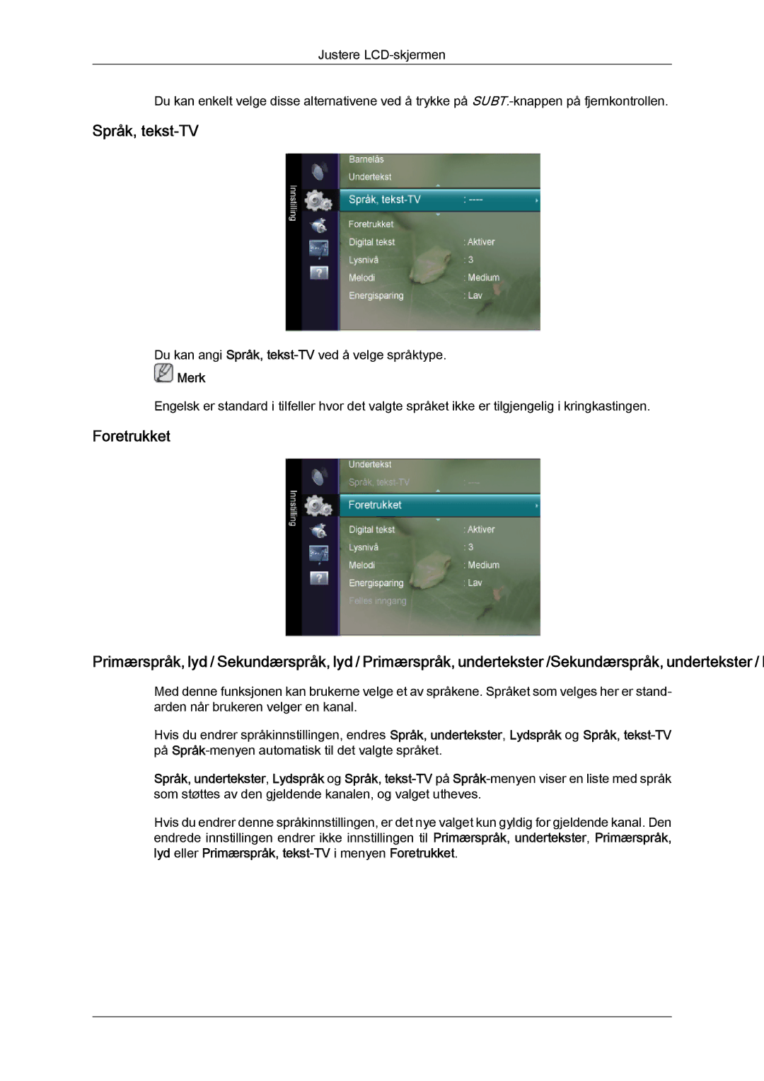 Samsung LS22TDVSUV/XE, LS20TDVSUV/EN, LS24TDVSUV/EN, LS24TDDSUV/EN, LS22TDVSUV/EN, LS20TDDSUV/EN Språk, tekst-TV, Foretrukket 