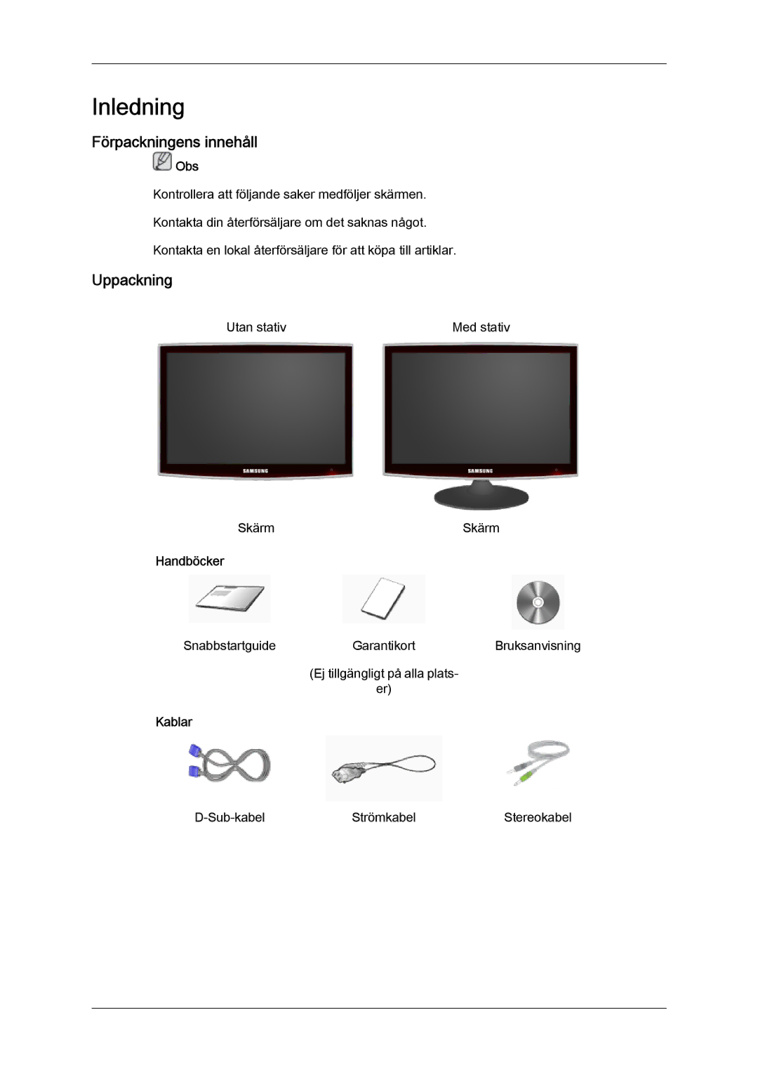 Samsung LS20TDVSU/XE, LS20TDVSUV/EN, LS24TDVSUV/EN, LS24TDDSUV/EN Förpackningens innehåll, Uppackning, Handböcker, Kablar 