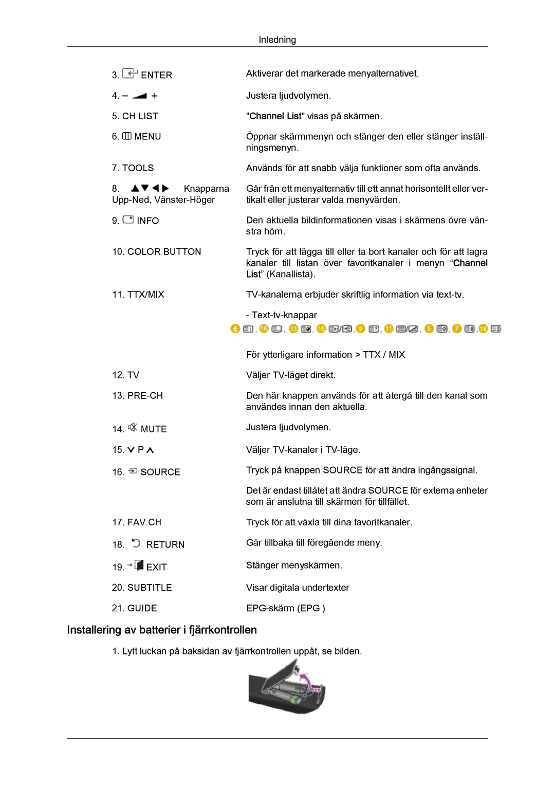 Samsung LS26TDDSUV/EN, LS20TDVSUV/EN, LS24TDVSUV/EN, LS24TDDSUV/EN Installering av batterier i fjärrkontrollen, Color Button 