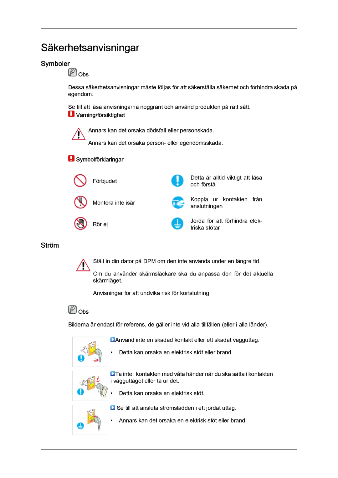 Samsung LS24TDDSUV/EN, LS20TDVSUV/EN, LS24TDVSUV/EN manual Symboler, Ström, Obs, Varning/försiktighet, Symbolförklaringar 