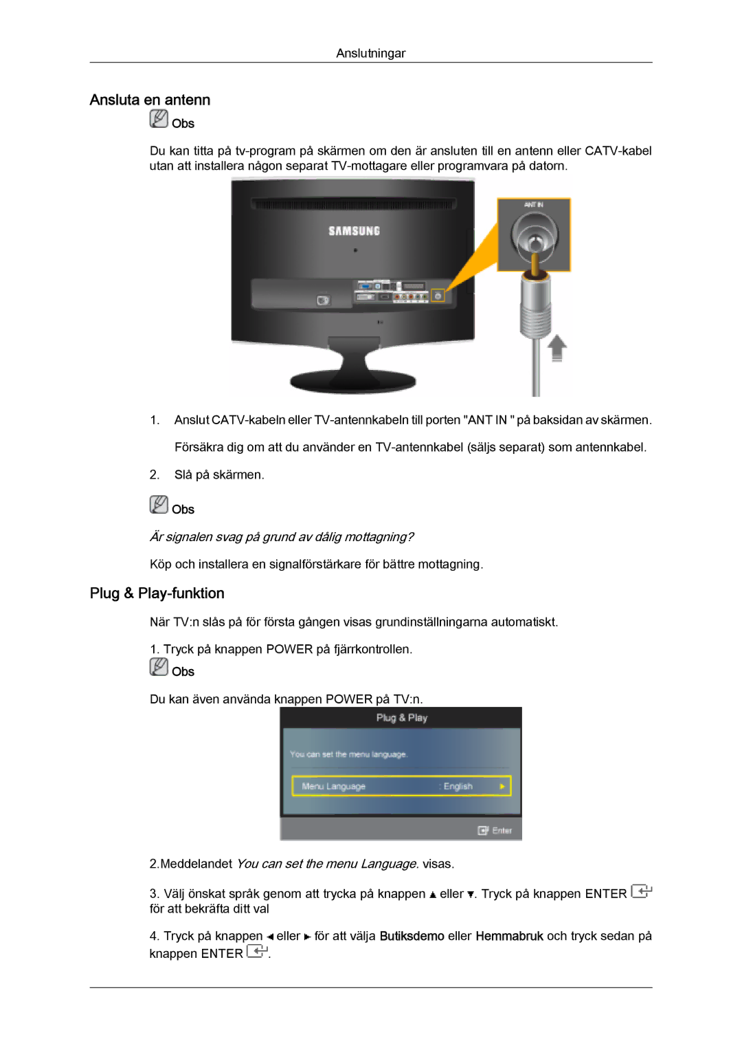 Samsung LS22TDVSUV/XE, LS20TDVSUV/EN, LS24TDVSUV/EN, LS24TDDSUV/EN, LS22TDVSUV/EN Ansluta en antenn, Plug & Play-funktion 