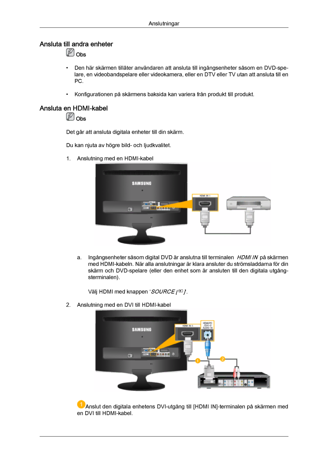 Samsung LS26TDVSUV/XE, LS20TDVSUV/EN, LS24TDVSUV/EN, LS24TDDSUV/EN manual Ansluta till andra enheter, Ansluta en HDMI-kabel 