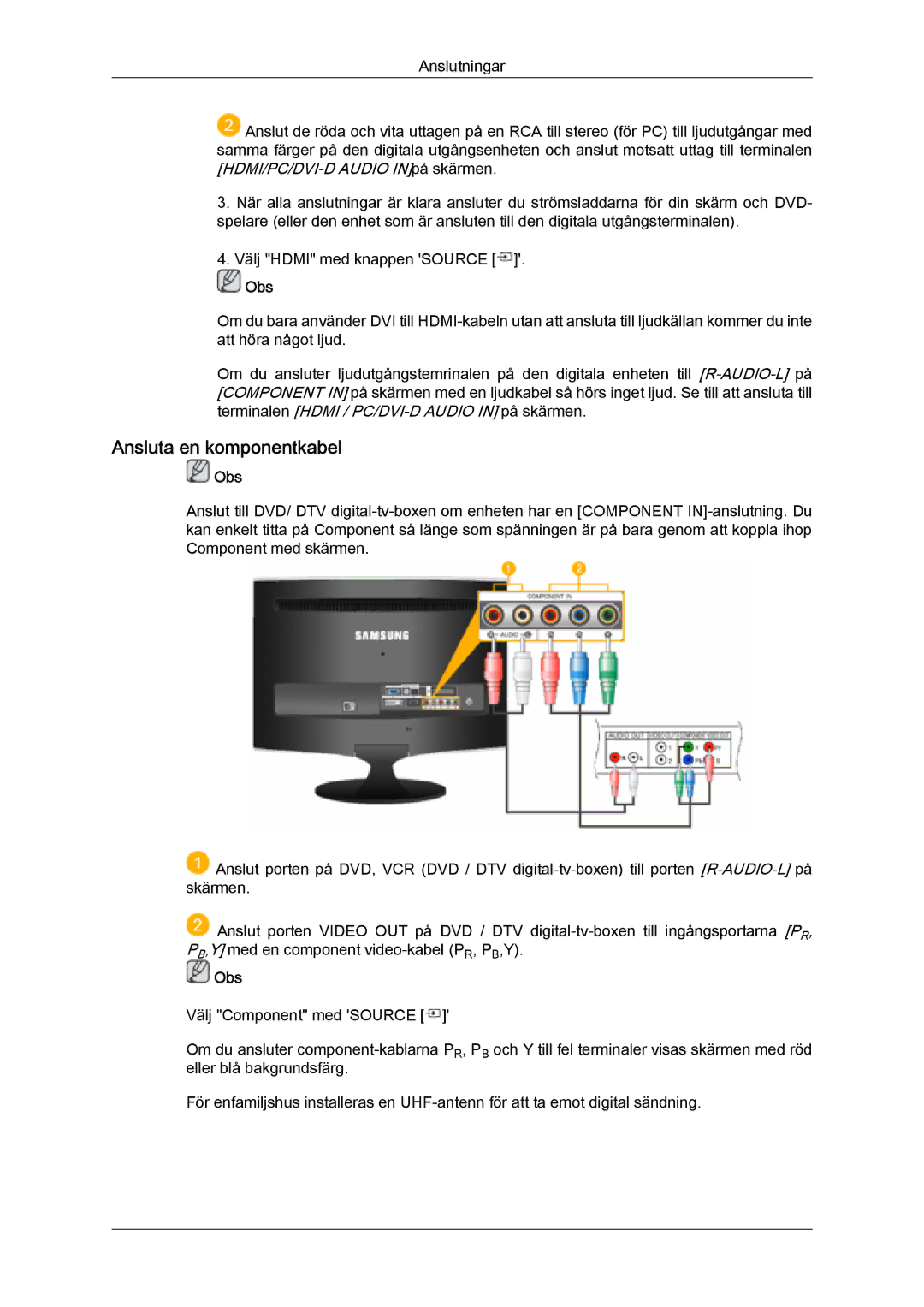 Samsung LS20TDVSUV/EN, LS24TDVSUV/EN, LS24TDDSUV/EN, LS22TDVSUV/EN, LS20TDDSUV/EN, LS22TDDSUV/EN Ansluta en komponentkabel 