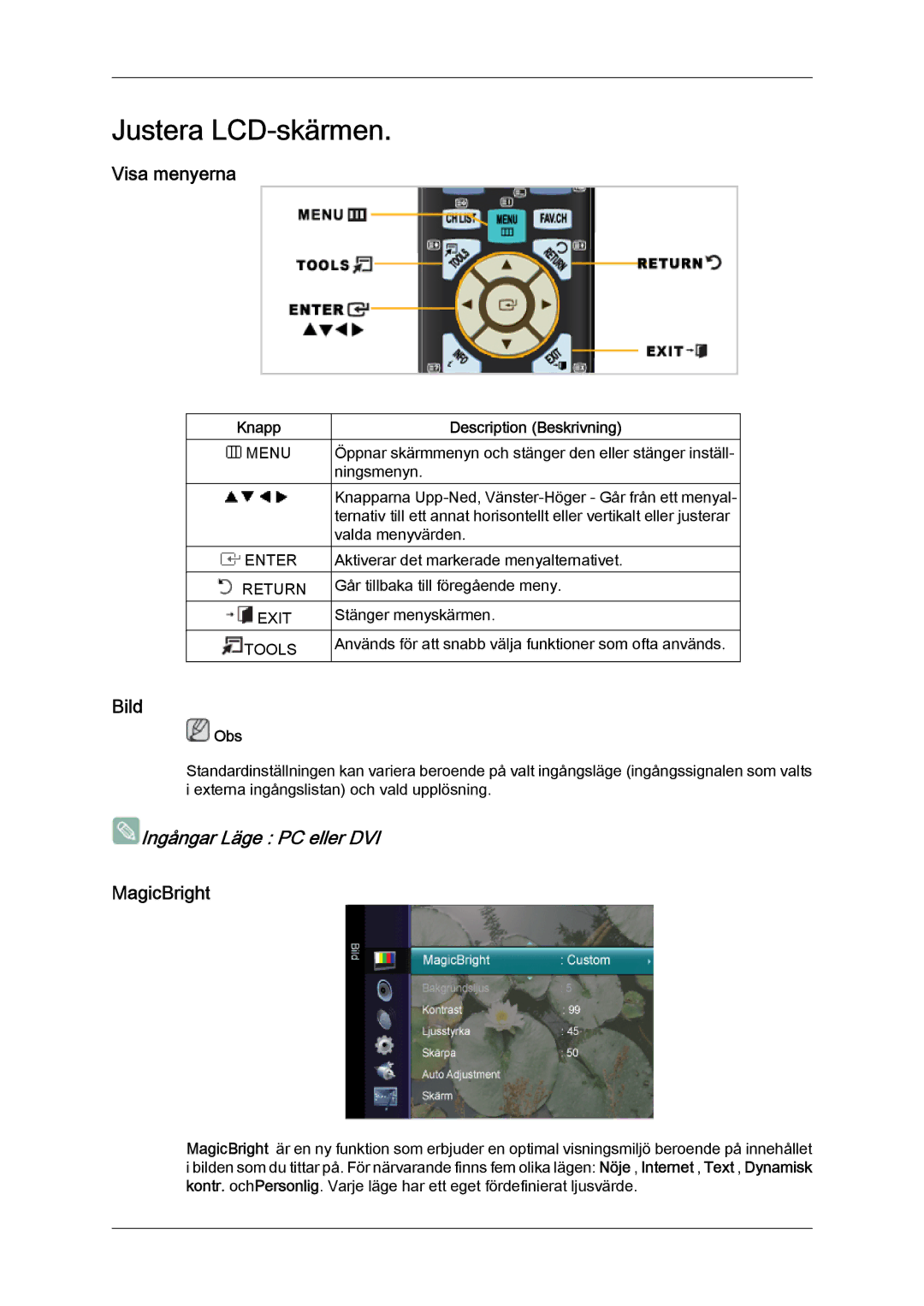 Samsung LS22TDVSUV/EN, LS20TDVSUV/EN, LS24TDVSUV/EN manual Visa menyerna, Bild, MagicBright, Knapp, Description Beskrivning 