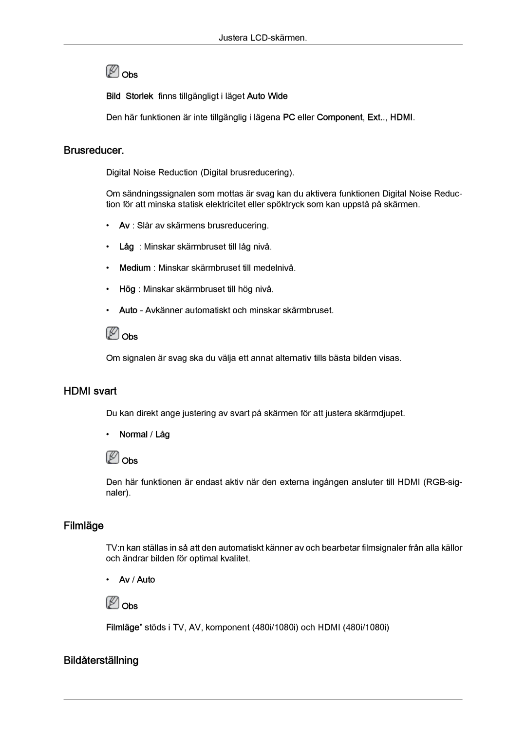 Samsung LS26TDVSUV/XE, LS20TDVSUV/EN, LS24TDVSUV/EN manual Brusreducer, Hdmi svart, Filmläge, Normal / Låg Obs, Av / Auto Obs 