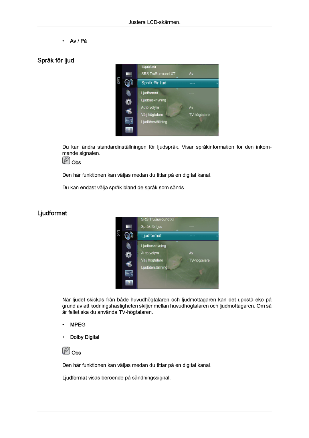 Samsung LS24TDDSUV/EN, LS20TDVSUV/EN, LS24TDVSUV/EN, LS22TDVSUV/EN manual Språk för ljud, Ljudformat, Dolby Digital Obs 