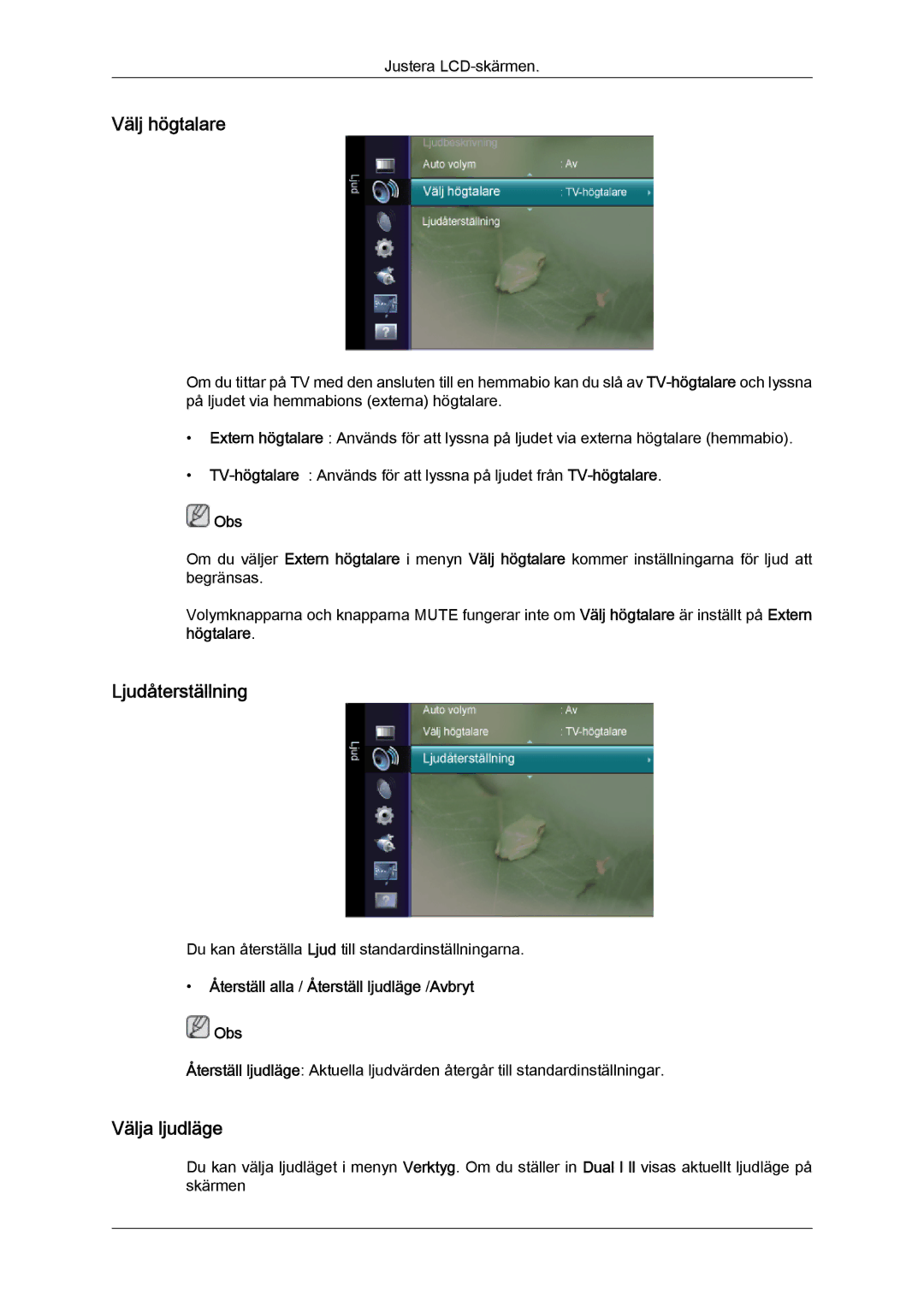 Samsung LS20TDDSUV/EN Välj högtalare, Ljudåterställning, Välja ljudläge, Återställ alla / Återställ ljudläge /Avbryt Obs 