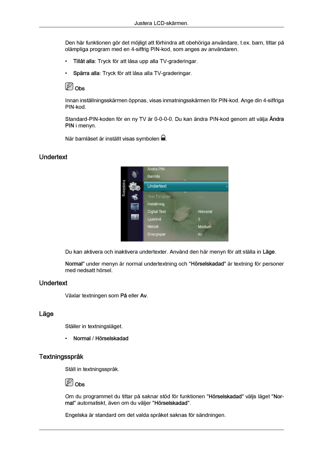 Samsung LS24TDVSUV/XE, LS20TDVSUV/EN, LS24TDVSUV/EN, LS24TDDSUV/EN manual Undertext, Textningsspråk, Normal / Hörselskadad 