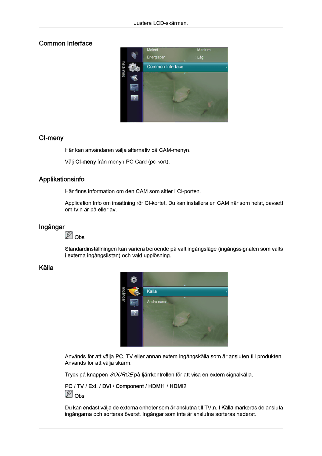Samsung LS20TDVSUV/EN, LS24TDVSUV/EN, LS24TDDSUV/EN manual Common Interface CI-meny, Applikationsinfo, Ingångar, Källa 