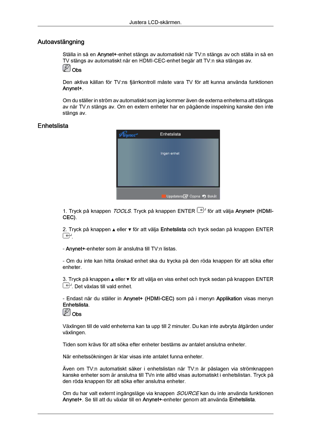 Samsung LS22TDVSUV/EN, LS20TDVSUV/EN, LS24TDVSUV/EN, LS24TDDSUV/EN, LS20TDDSUV/EN, LS22TDDSUV/EN Autoavstängning, Enhetslista 