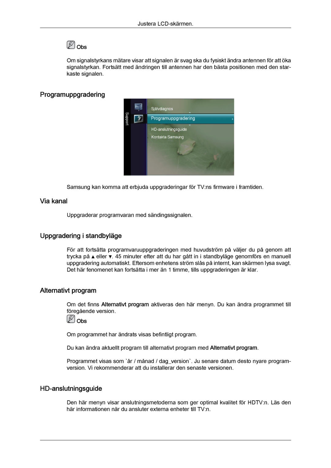 Samsung LS22TDDSUV/EN Programuppgradering, Via kanal, Uppgradering i standbyläge, Alternativt program, HD-anslutningsguide 