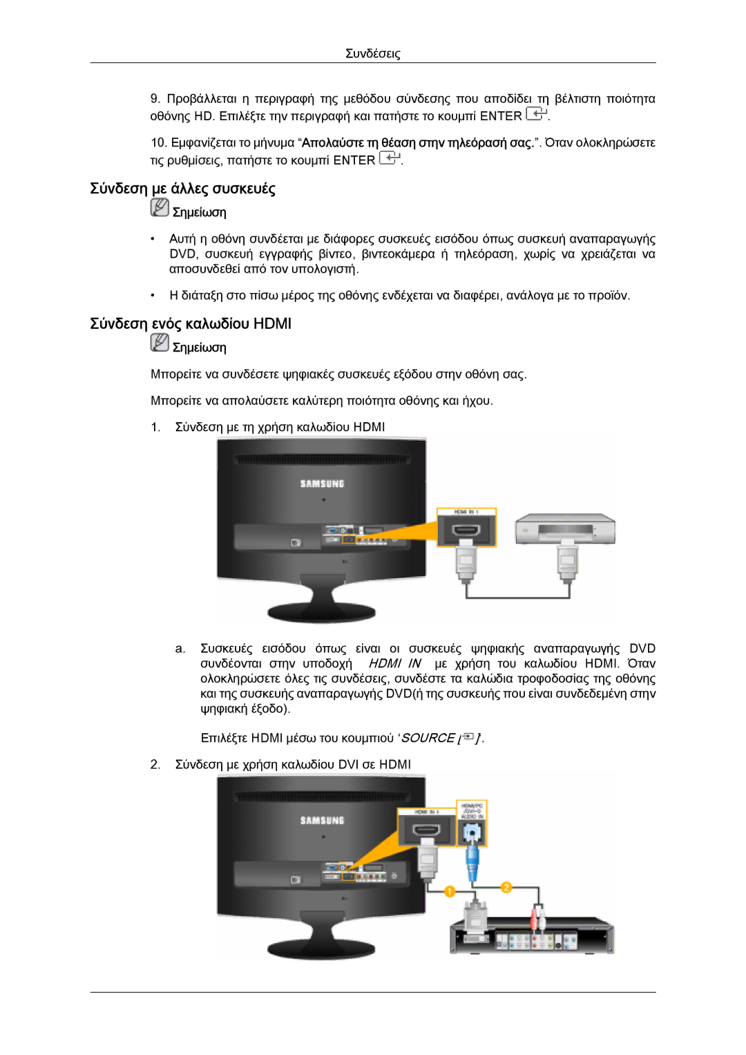 Samsung LS24TDVSUV/EN, LS20TDVSUV/EN, LS24TDDSUV/EN, LS22TDVSUV/EN Σύνδεση με άλλες συσκευές, Σύνδεση ενός καλωδίου Hdmi 