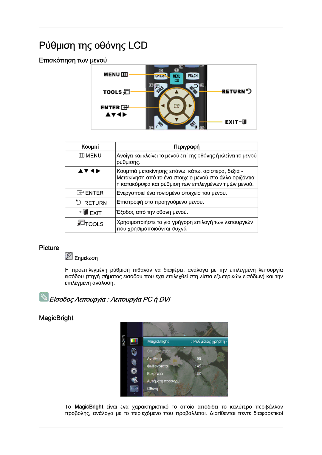 Samsung LS24TDDSUV/EN, LS20TDVSUV/EN, LS24TDVSUV/EN manual Επισκόπηση των μενού, Picture, MagicBright, Κουμπί, Περιγραφή 