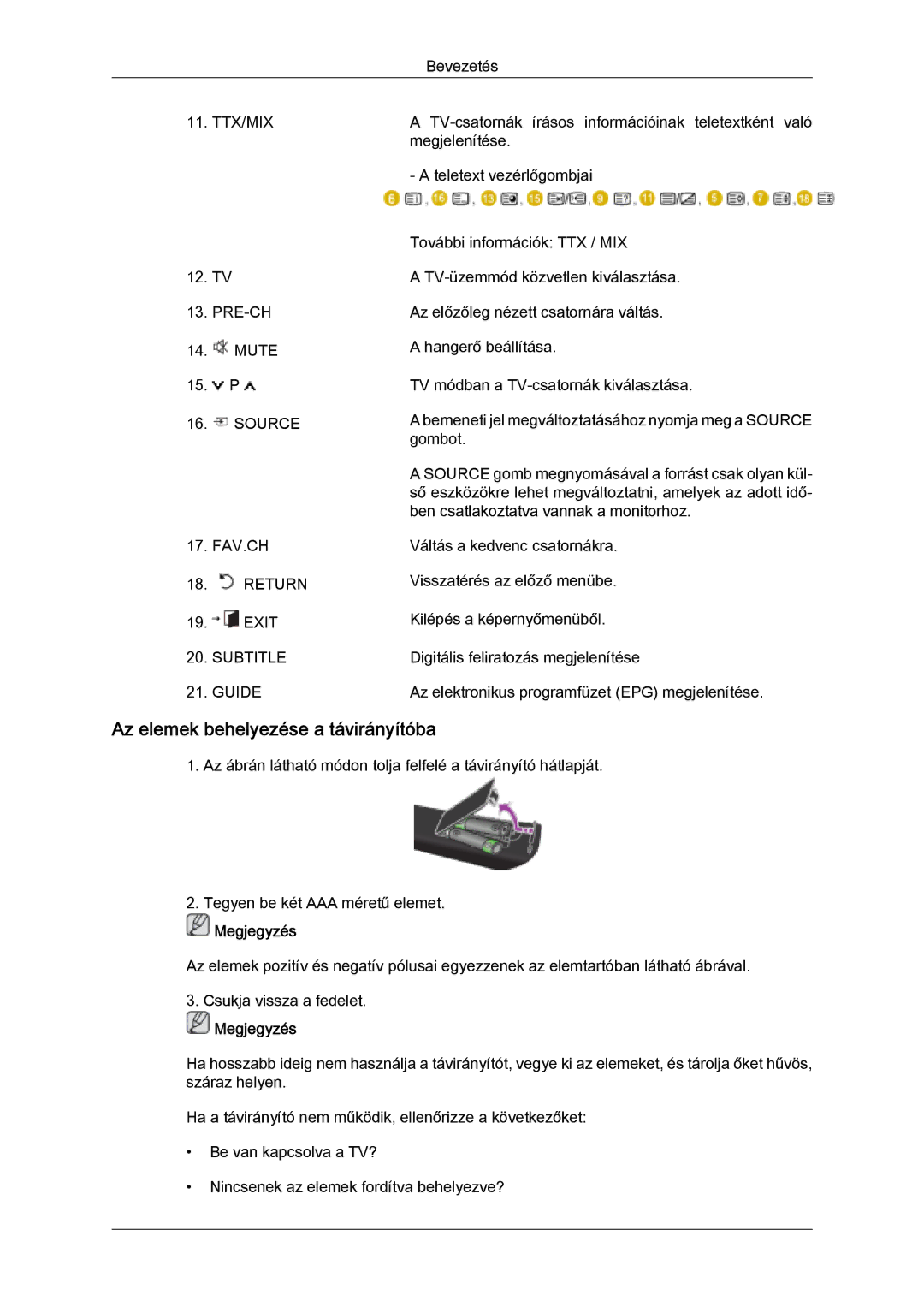 Samsung LS22TDVSUV/EN, LS20TDVSUV/EN, LS24TDVSUV/EN, LS24TDDSUV/EN Az elemek behelyezése a távirányítóba, Subtitle Guide 