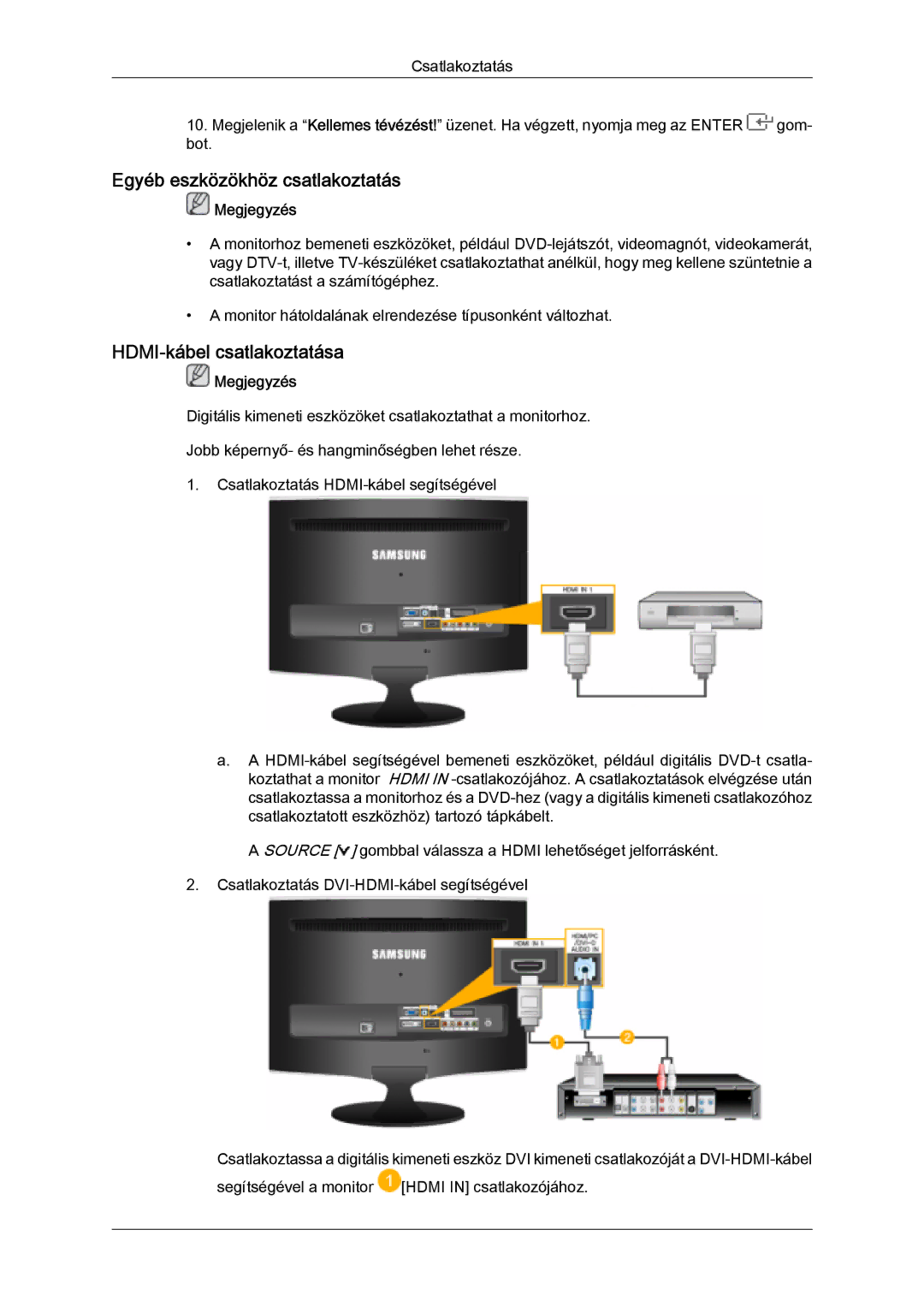 Samsung LS20TDVSUV/EN, LS24TDVSUV/EN, LS24TDDSUV/EN manual Egyéb eszközökhöz csatlakoztatás, HDMI-kábel csatlakoztatása 