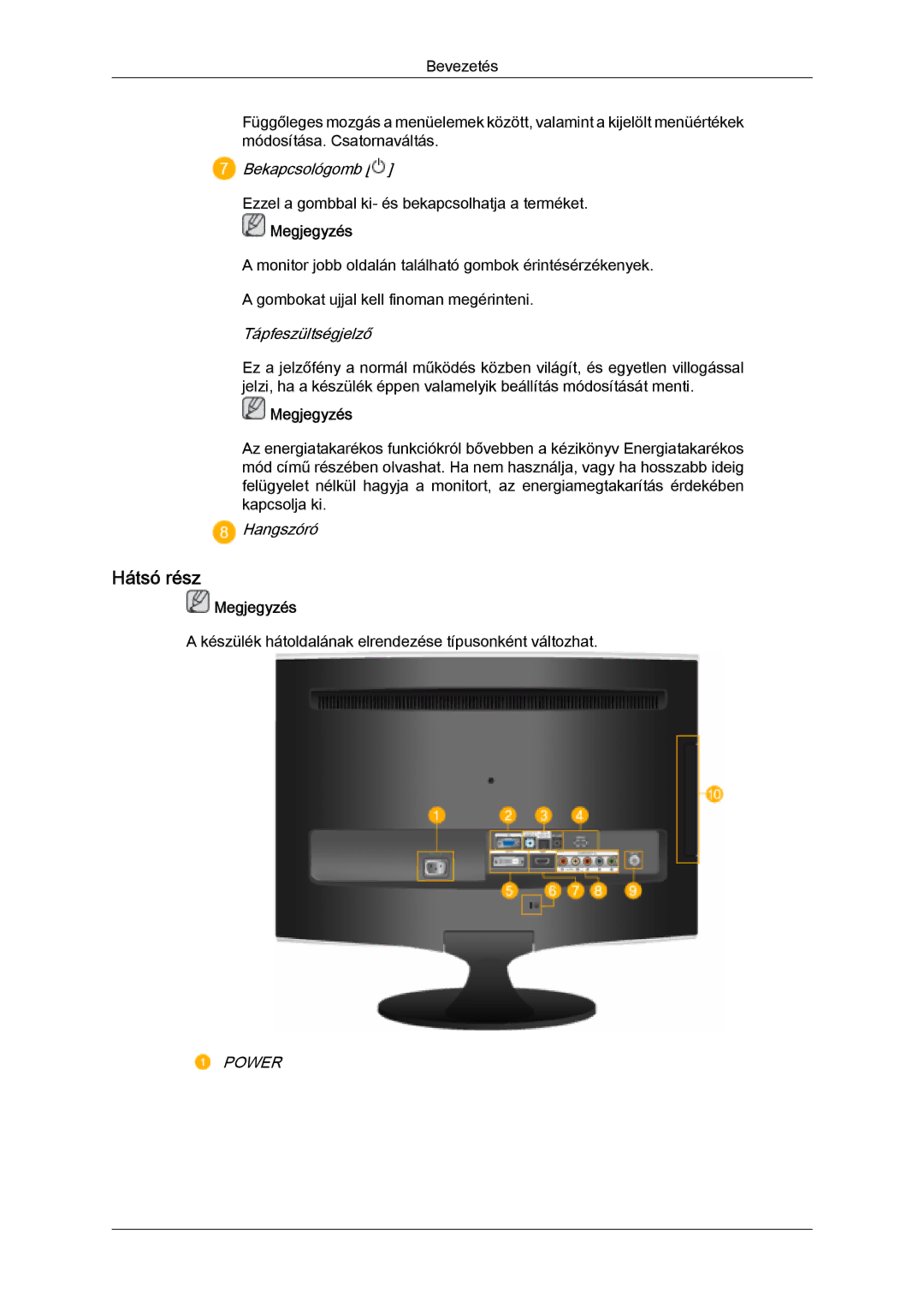 Samsung LS22TDDSUV/EN, LS20TDVSUV/EN, LS24TDVSUV/EN, LS24TDDSUV/EN Hátsó rész, Bekapcsológomb, Tápfeszültségjelző, Hangszóró 