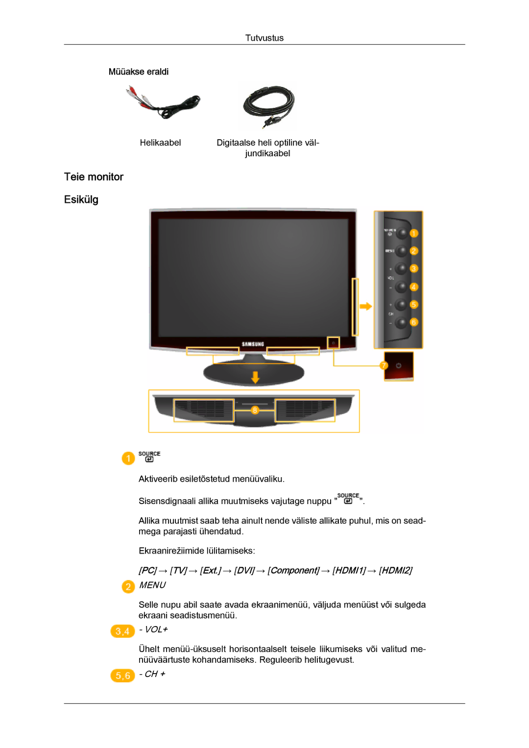 Samsung LS22TDDSUV/EN, LS20TDVSUV/EN, LS24TDVSUV/EN Teie monitor Esikülg, PC → TV → Ext. → DVI → Component → HDMI1 → HDMI2 