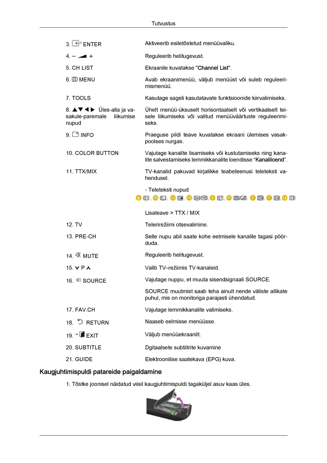 Samsung LS20TDDSUV/EN, LS20TDVSUV/EN, LS24TDVSUV/EN, LS24TDDSUV/EN Kaugjuhtimispuldi patareide paigaldamine, Color Button 