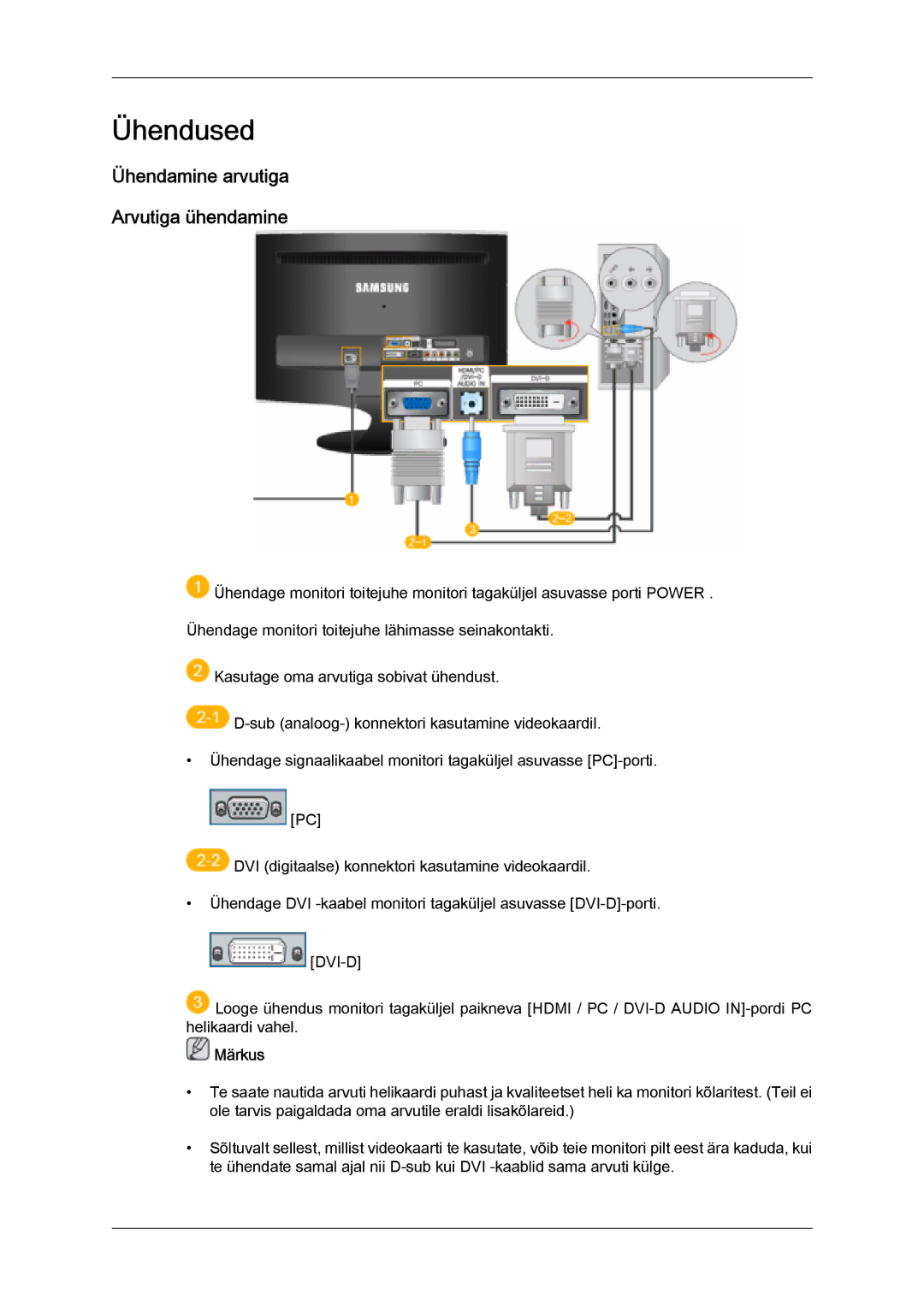 Samsung LS26TDDSUV/EN, LS20TDVSUV/EN, LS24TDVSUV/EN, LS24TDDSUV/EN manual Ühendused, Ühendamine arvutiga Arvutiga ühendamine 