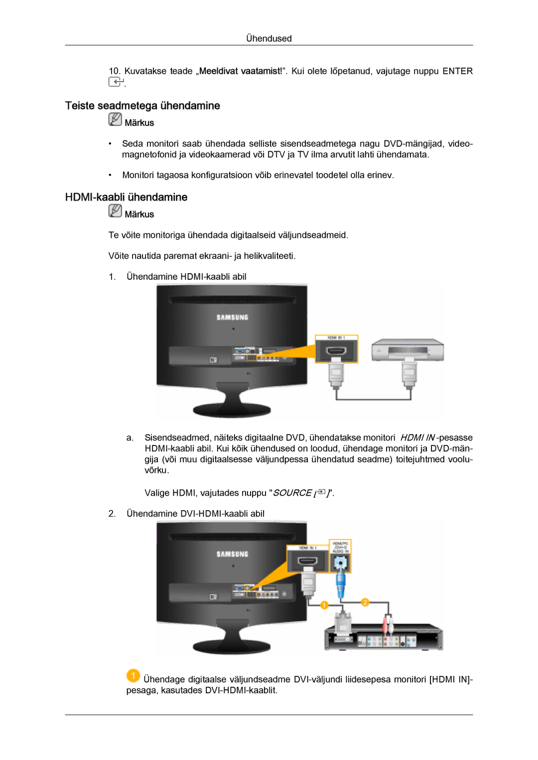 Samsung LS24TDDSUV/EN, LS20TDVSUV/EN, LS24TDVSUV/EN, LS22TDVSUV/EN manual Teiste seadmetega ühendamine, HDMI-kaabli ühendamine 