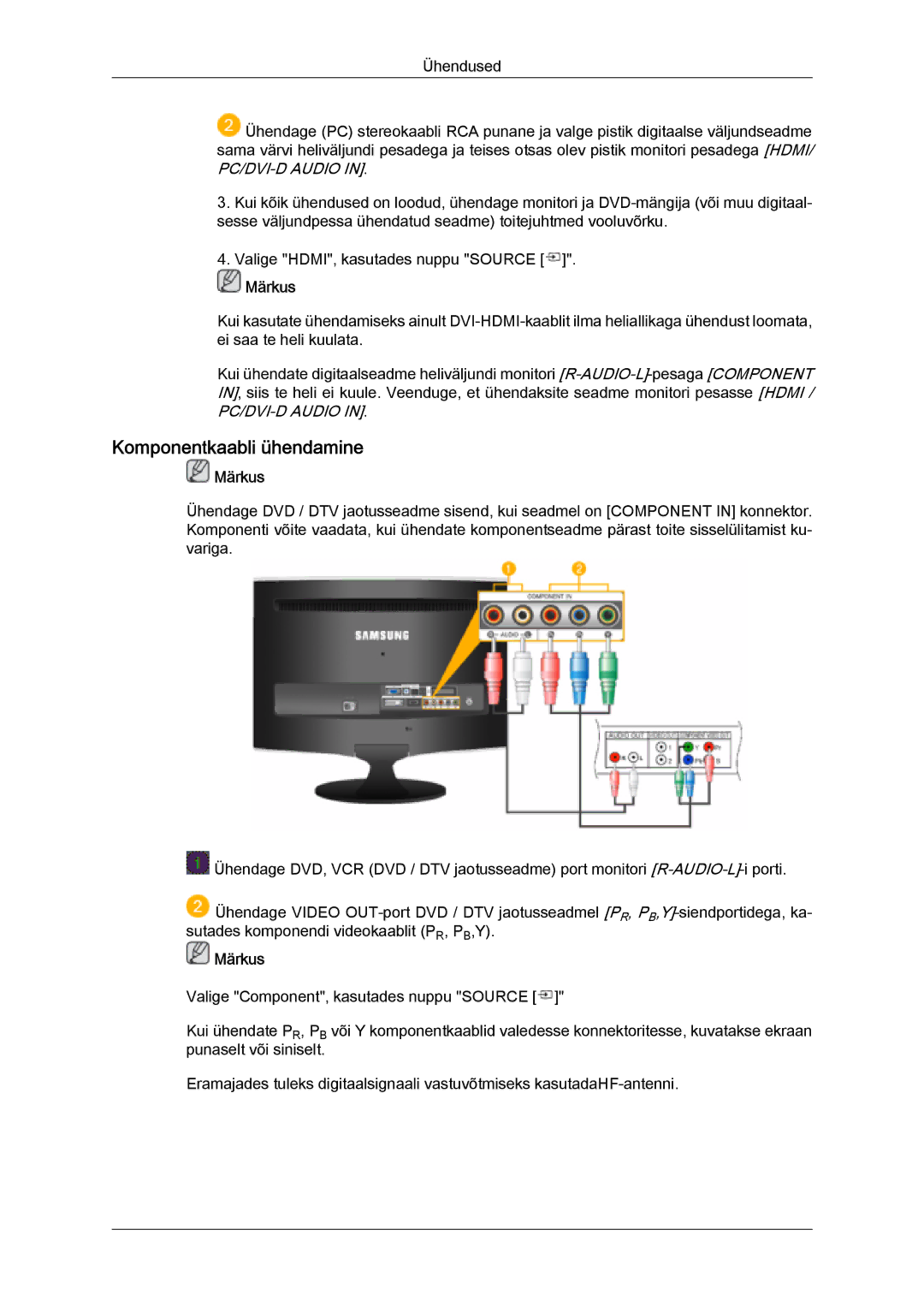 Samsung LS22TDVSUV/EN, LS20TDVSUV/EN, LS24TDVSUV/EN, LS24TDDSUV/EN, LS20TDDSUV/EN, LS22TDDSUV/EN Komponentkaabli ühendamine 